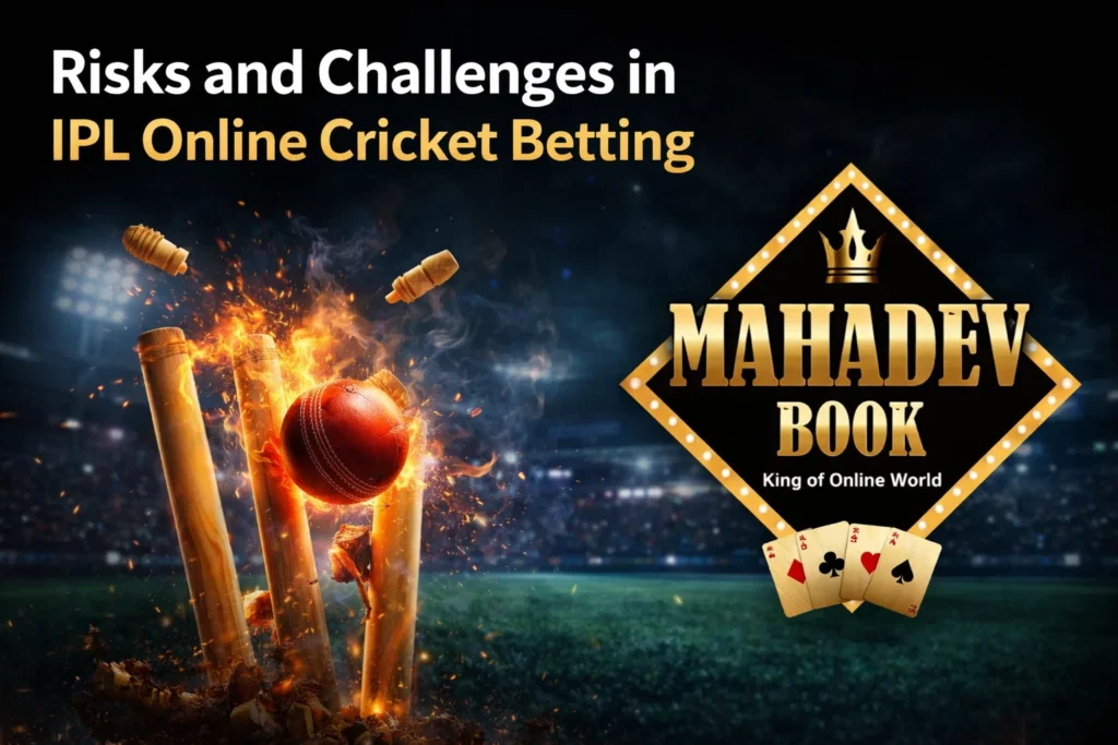 Risks and challenges in IPL online cricket betting with Mahadev Book logo and broken cricket stumps
