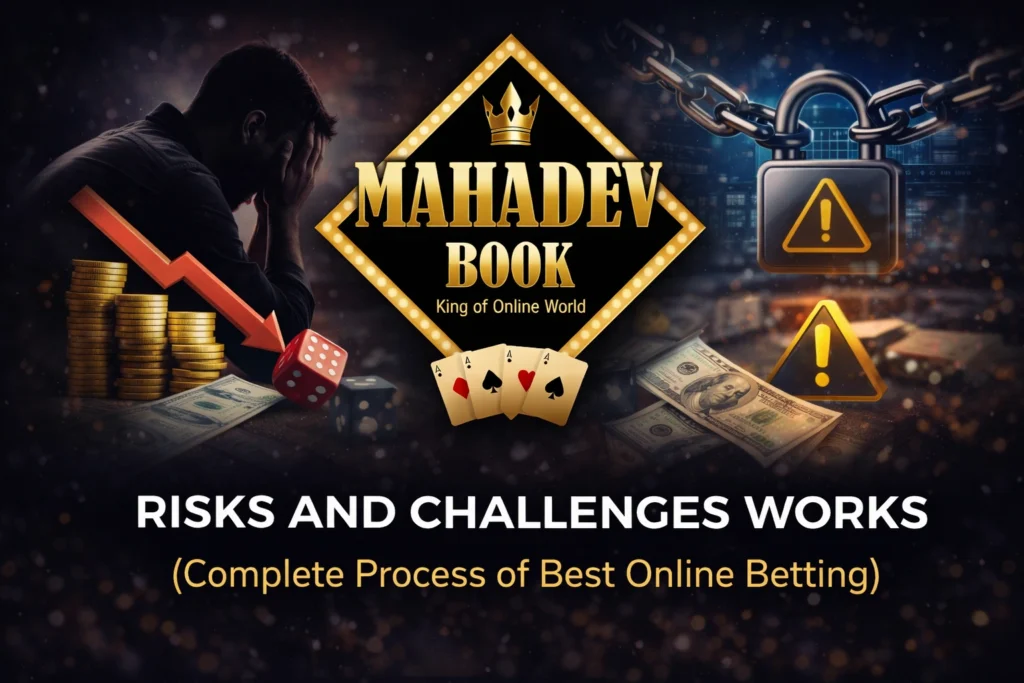 Risks and challenges in online betting with Mahadev Book logo showing financial loss and responsible gambling concept