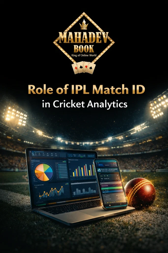 Role of IPL Match ID in cricket analytics with Mahadev Book logo and data visualization concept
