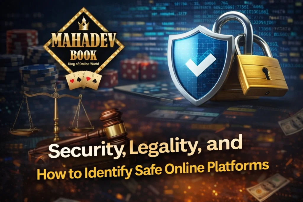 Security and Legality of Online Betting Platforms banner with Mahadev Book logo and digital shield protection