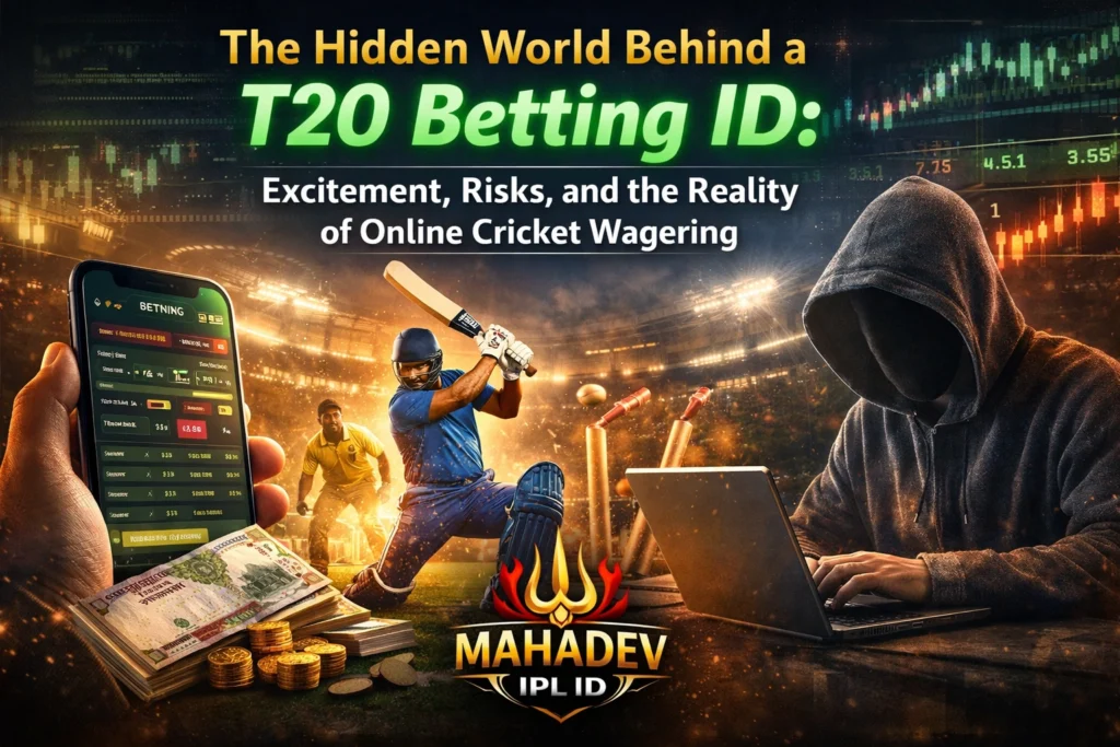 T20 Betting ID online cricket betting concept with cricket stadium background and betting interface illustration