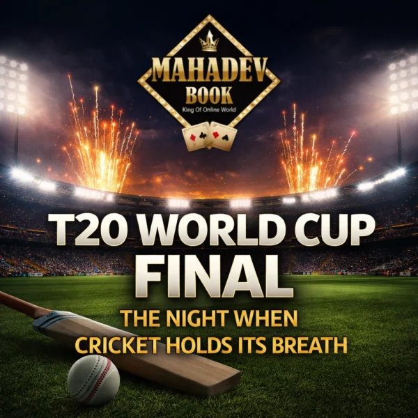 T20 World Cup Final night cricket stadium atmosphere with Mahadev Book logo