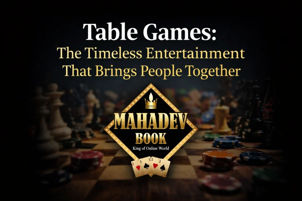 Table games timeless entertainment concept with Mahadev Book logo and playing cards
