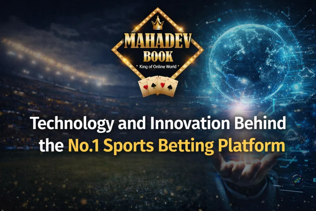 Technology and Innovation Behind the No.1 Sports Betting Platform featuring Mahadev Book logo with digital stadium and futuristic tech background