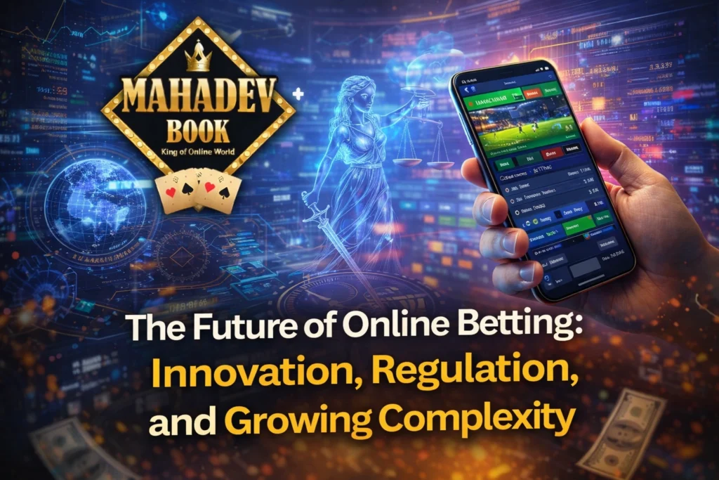 The Future of Online Betting Platforms banner with Mahadev Book logo and digital innovation concept