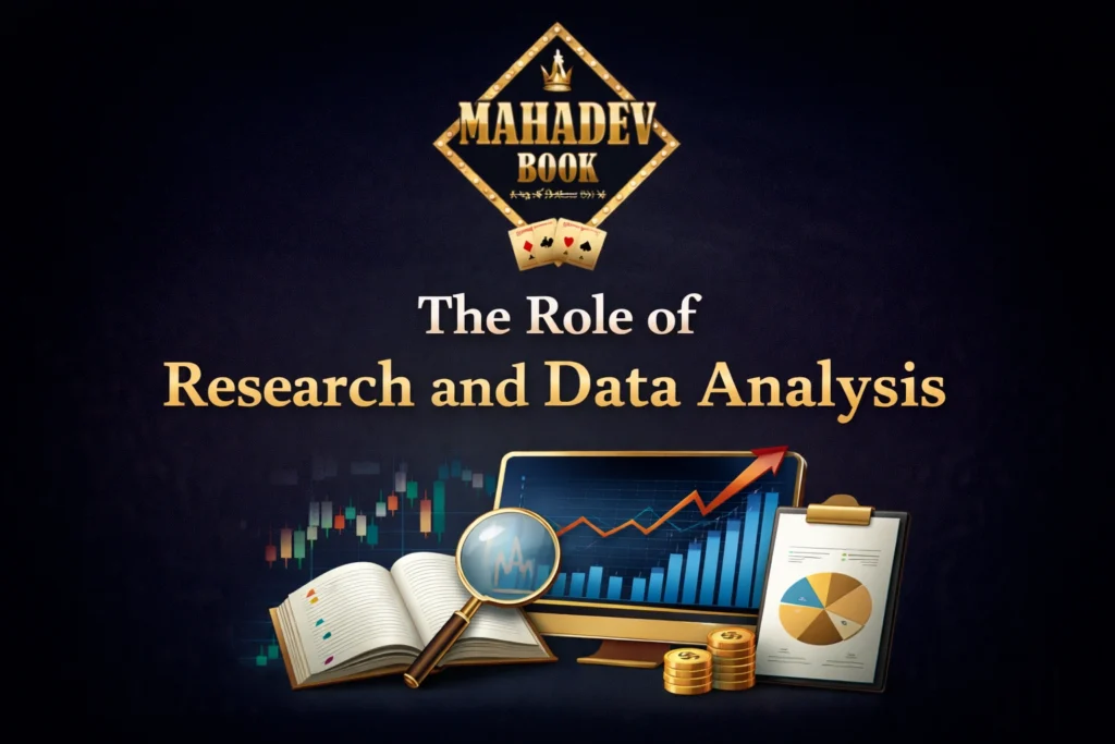 Research and data analysis in sports betting with Mahadev Book logo showing statistics, analytics, and betting strategy insights
