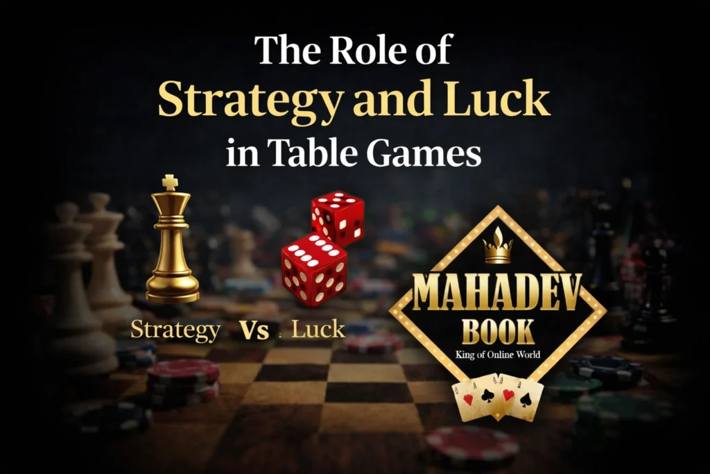 Role of strategy and luck in table games with cards chips and Mahadev Book logo