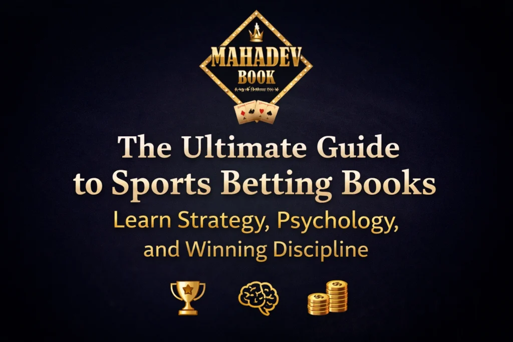 The Ultimate Guide to Sports Betting Books with Mahadev Book logo showing sports betting strategy, psychology, and winning discipline
