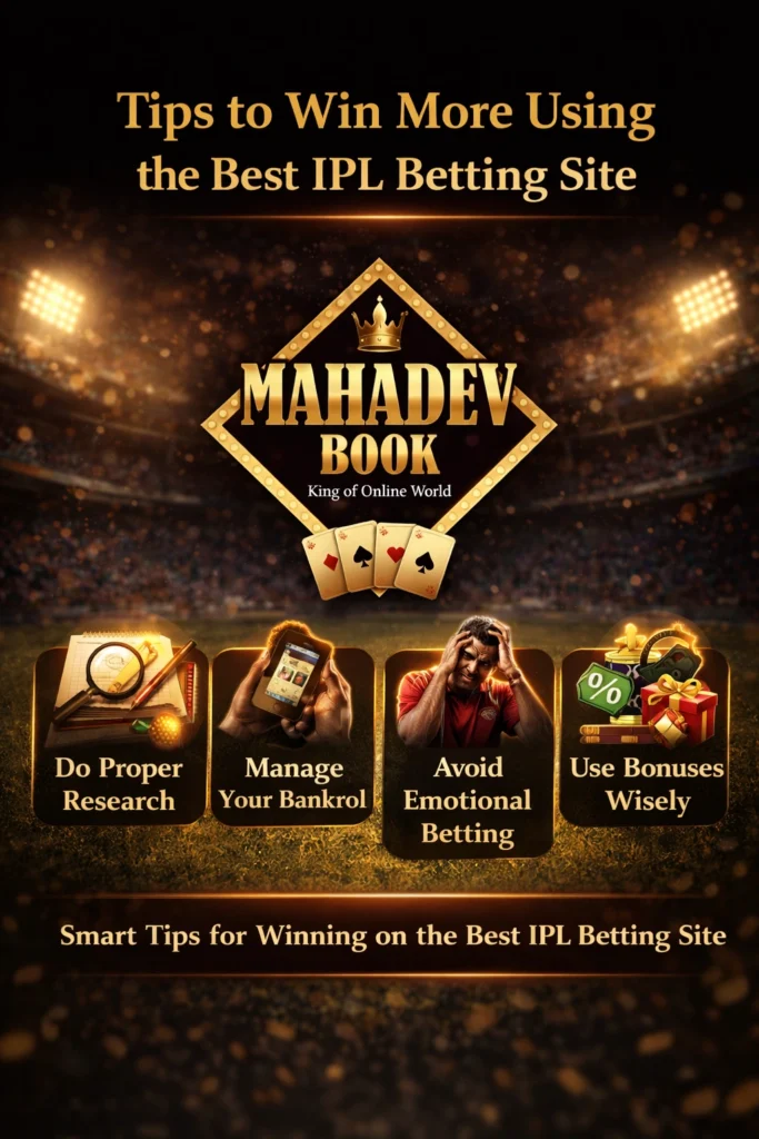 Tips to win more on Best IPL Betting Site with Mahadev Book logo cricket betting strategy illustration